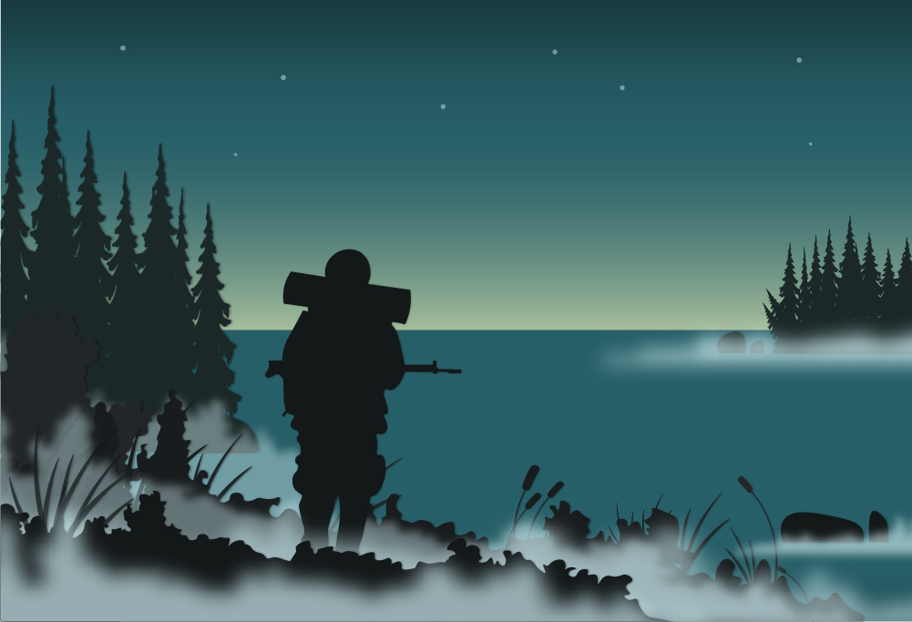 Kuvassa grafiikkana sotilas katsomassa rannalla horisonttiin.