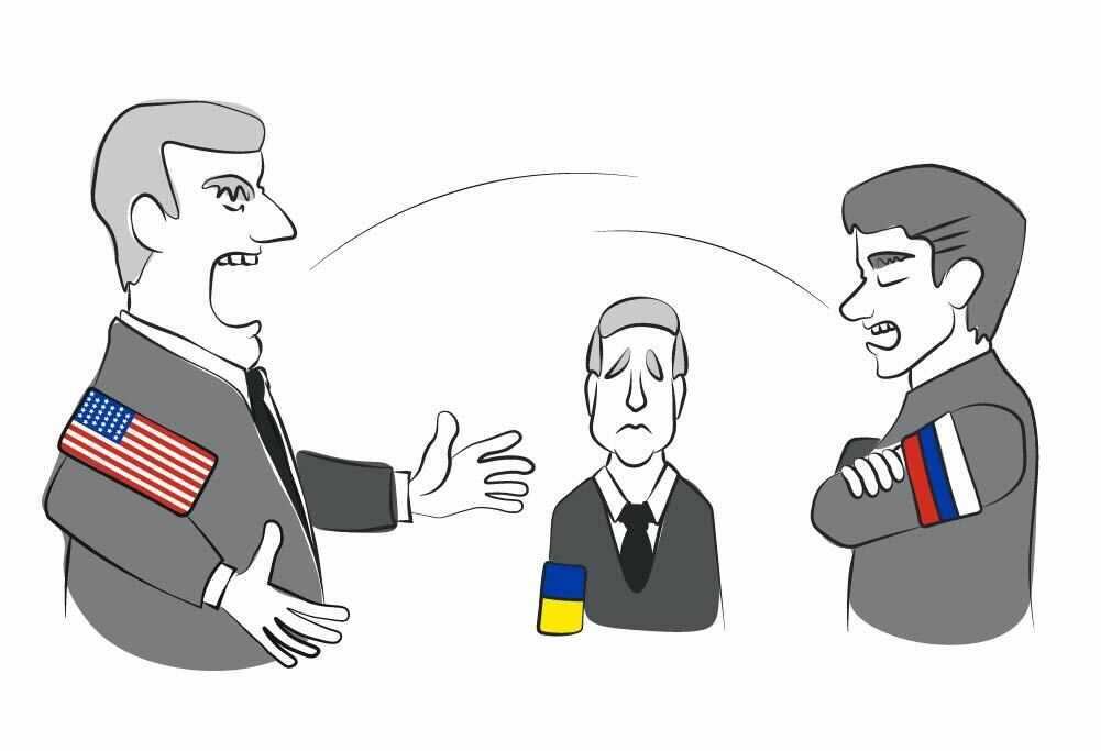Piirroksessa Venäjä ja Yhdysvallat riitelevät, taustalla surullinen ja pienikokoinen Ukraina.