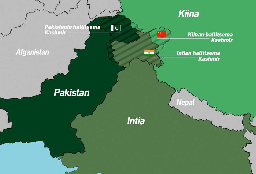 Kashmirin aluetta hallinnoi Kiina, Intia ja Pakistan.