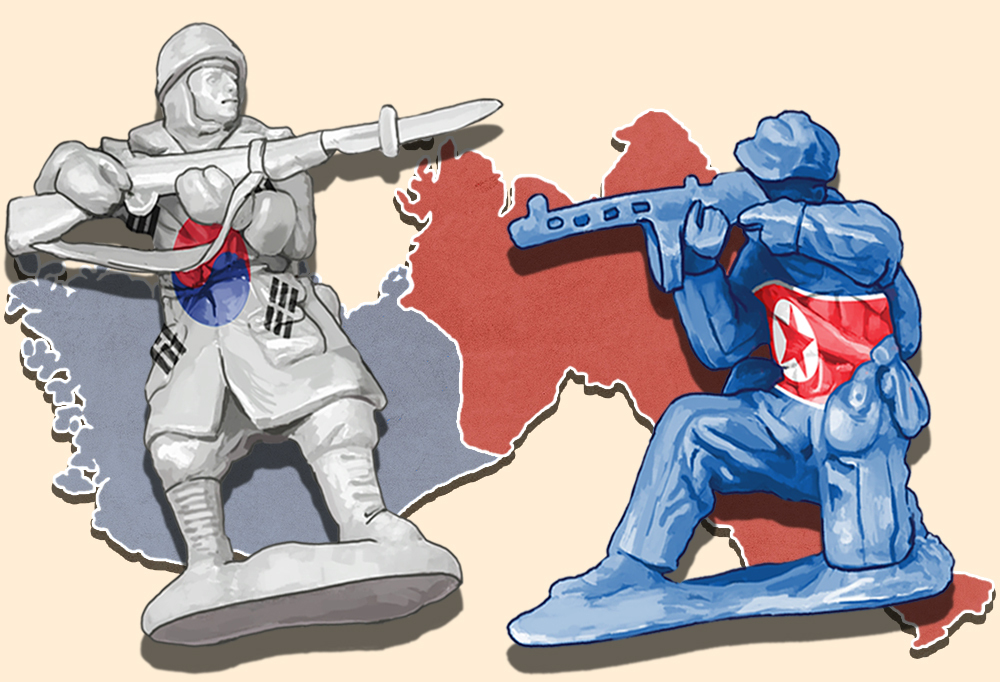 Grafiikka, jossa Pohjois- ja Etelä-Koreaa esittävät tinasotilaat.