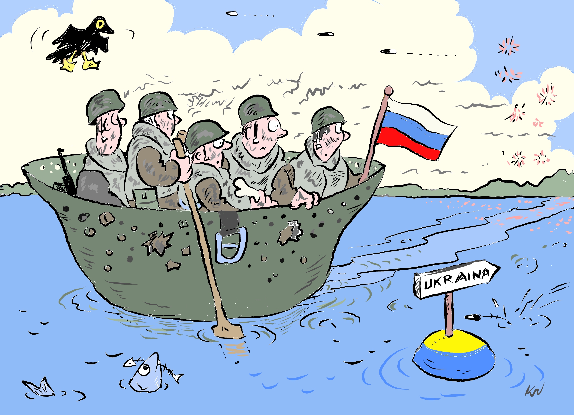 Väsyneet Venäläissotilaat matkustavat kypärästä tehdyllä veneellä pois Ukrainasta