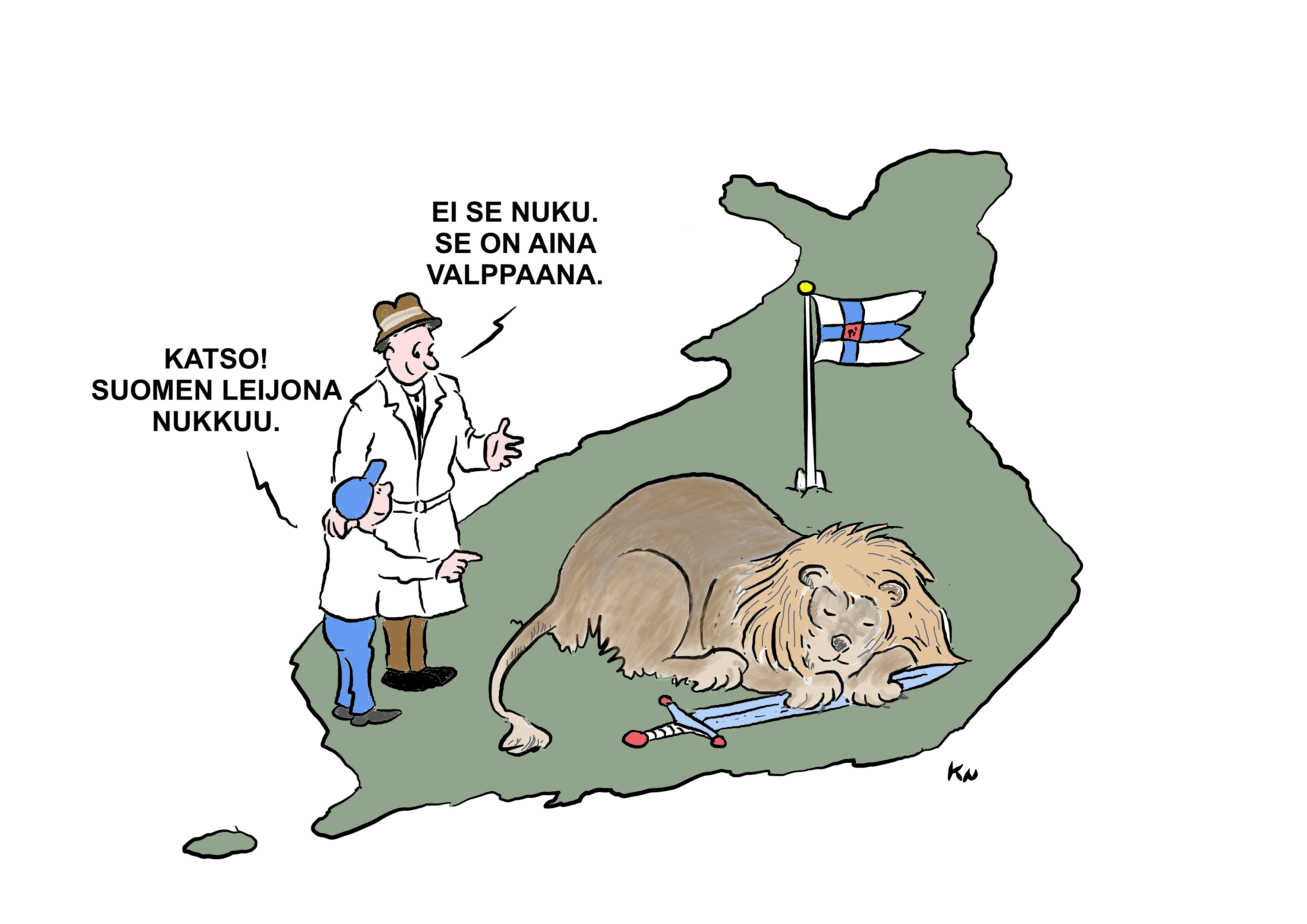 Suomi-leijona nukkumassa Suomen yllä. Isä ja poika katselevat tilannetta. Poika toteaa: 