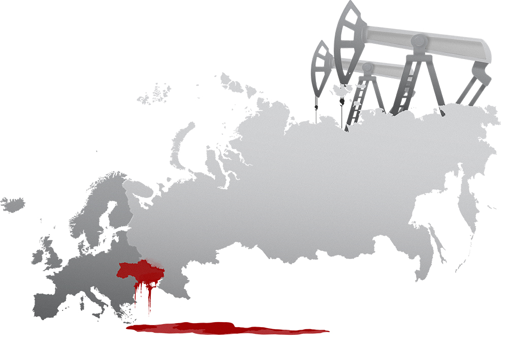 Kuvassa näkyy kuvitettu kartta, jossa Ukraina on maalattu verisesti punaisella ja Venäjän taustalla näkyy kaksi öljypumppua.
