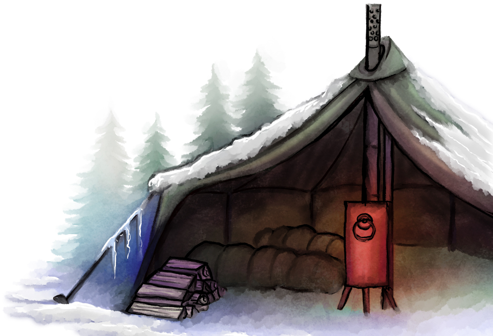 Kuvassa piirros teltasta.