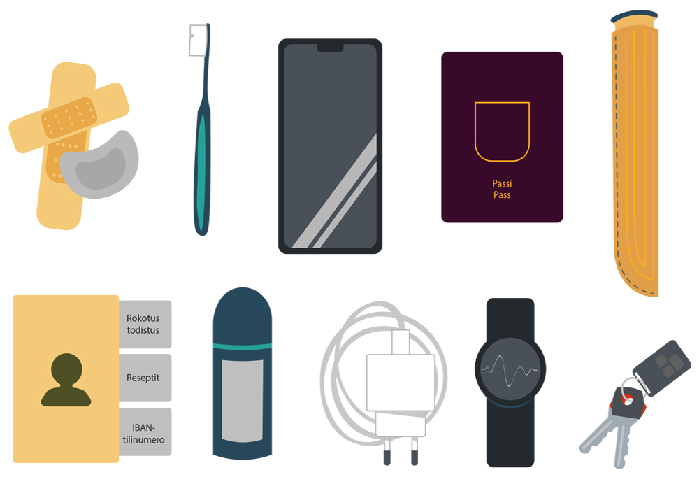 Kuvassa asioita, mitkä alokkaan tulisi ottaa mukaan palvelukseen.