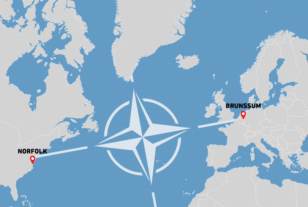 Atlantin alueen kartta, jossa mereen on piirretty Naton tunnus. Karttaan on merkitty Norfolkin ja Brunssumin sijainnit.