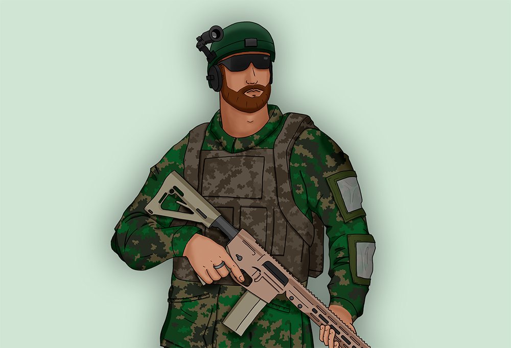 Kuvassa on piirretty sotilas, jolla on yllään erilaisia älyvarusteita.