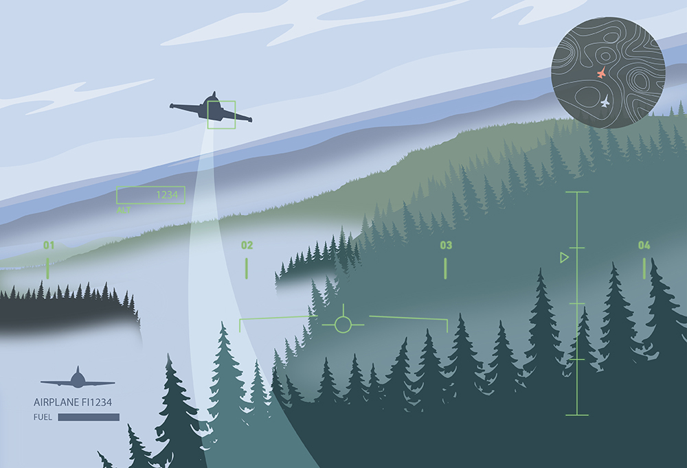 Grafiikka lentäjän mahdollisesta näkymästä simulaatiossa.