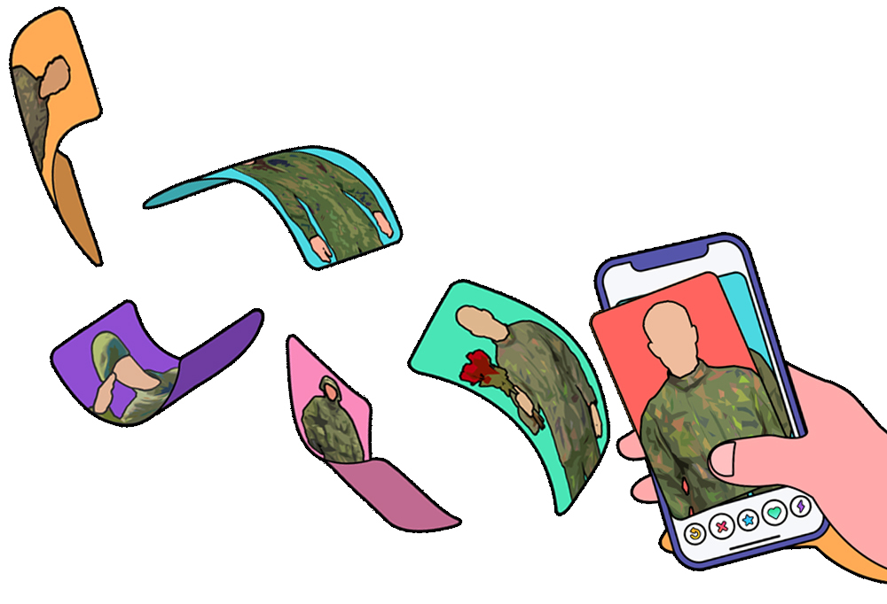 Grafiikkaa varusmieskuvista Tinderissä.