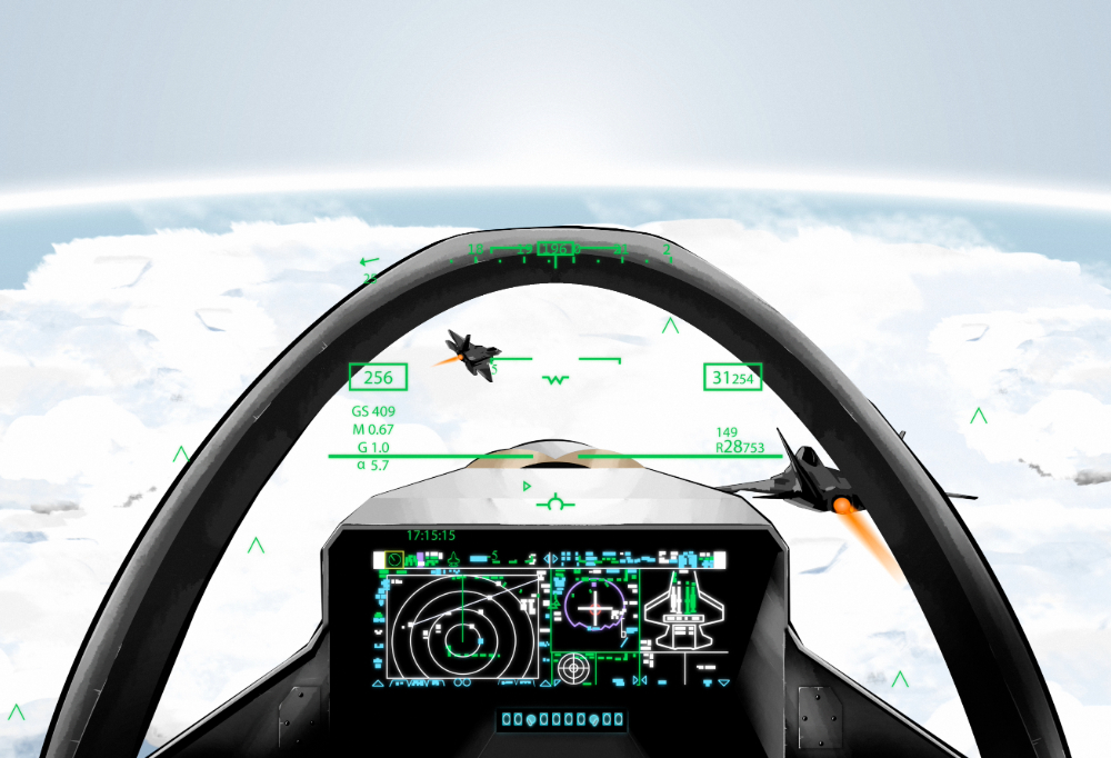 Grafiikka hävittäjälentäjän näkemästä virtuaaliympäristöstä.