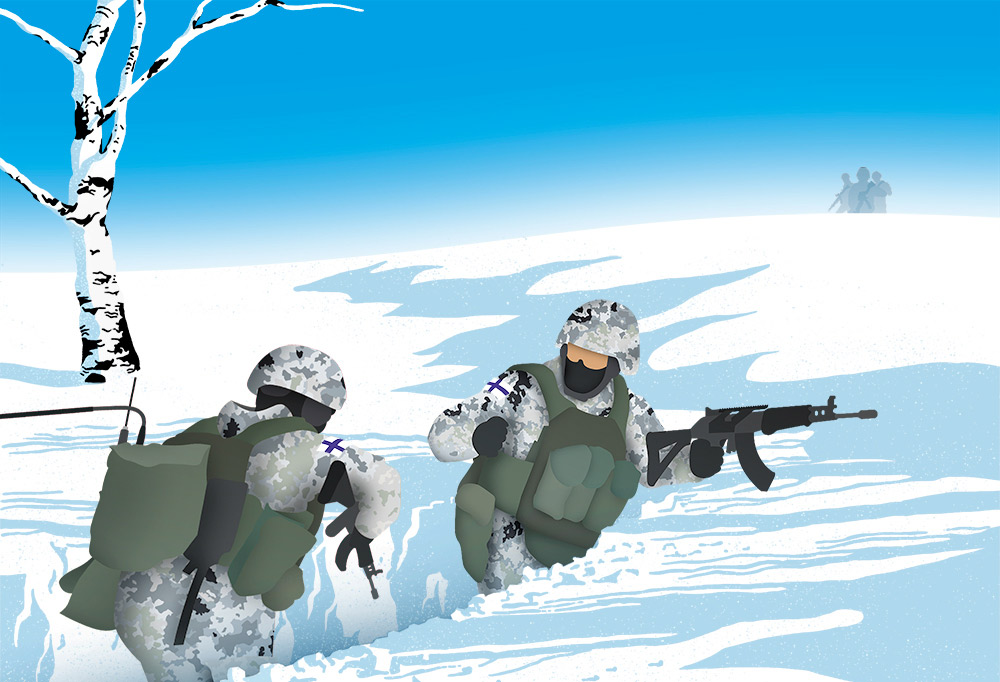 Grafiikkakuva, jossa kaksi sotilasta talvisessa maisemassa.