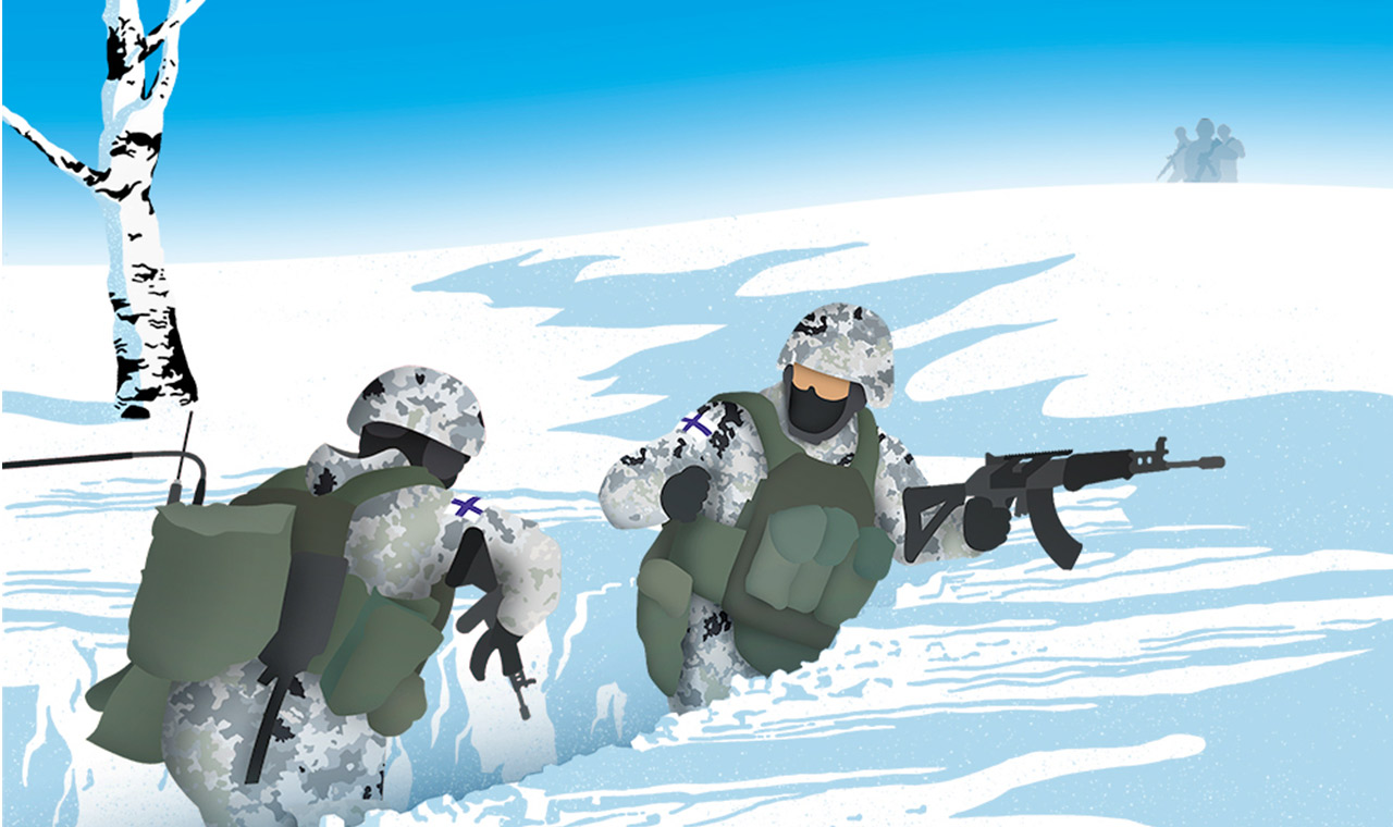 Grafiikkakuva, jossa kaksi sotilasta talvisessa maisemassa.