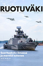 Kuvituskuva Merivoimien aluksesta, taustalla kolme Hornet-hävittäjää.