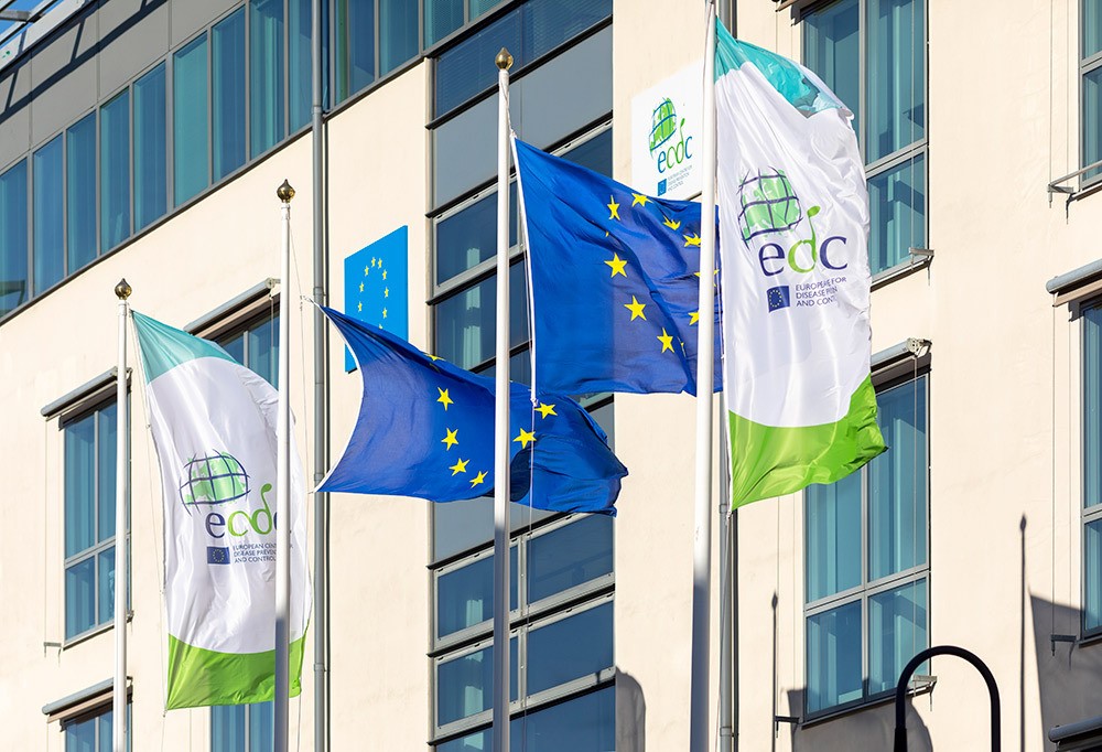 Kuvassa neljä lippua salossa, kaksi EU-lippua ja kaksi ECDC:n