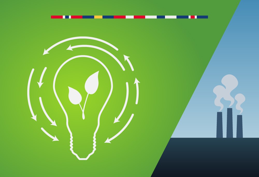 Kuvassa grafiikkaa, savupiippuja ja lamppu.