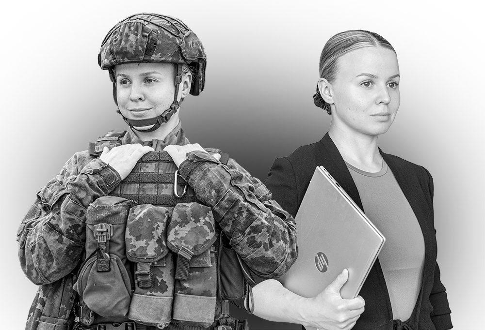 Kuvassa kaartinjääkäri Tanskanen näkyy sekä taisteluvarustuksessa että toimistovaatteissa.