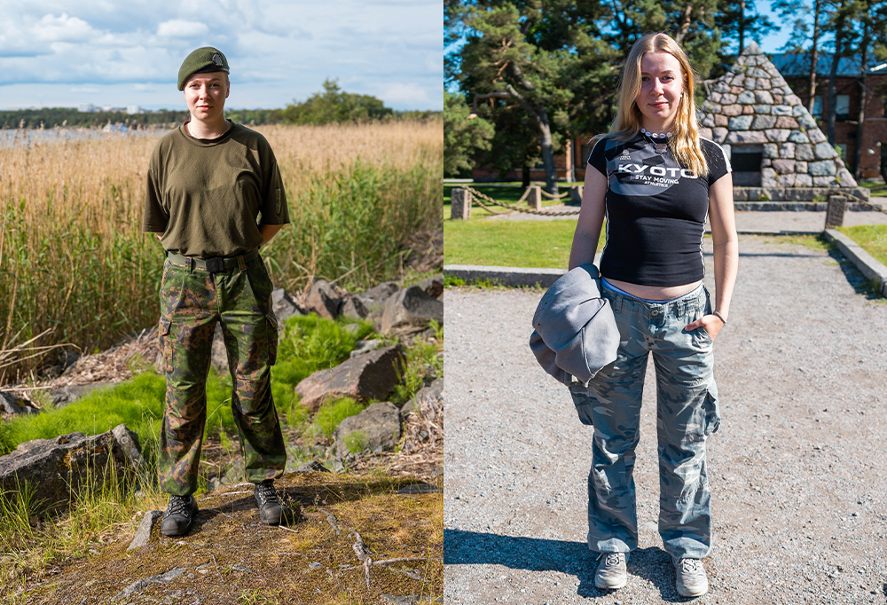 Kuvassa varusmies Dorota Szurawitzki katsoo kameraan maastopuvussa sekä siviilivaatteissa.