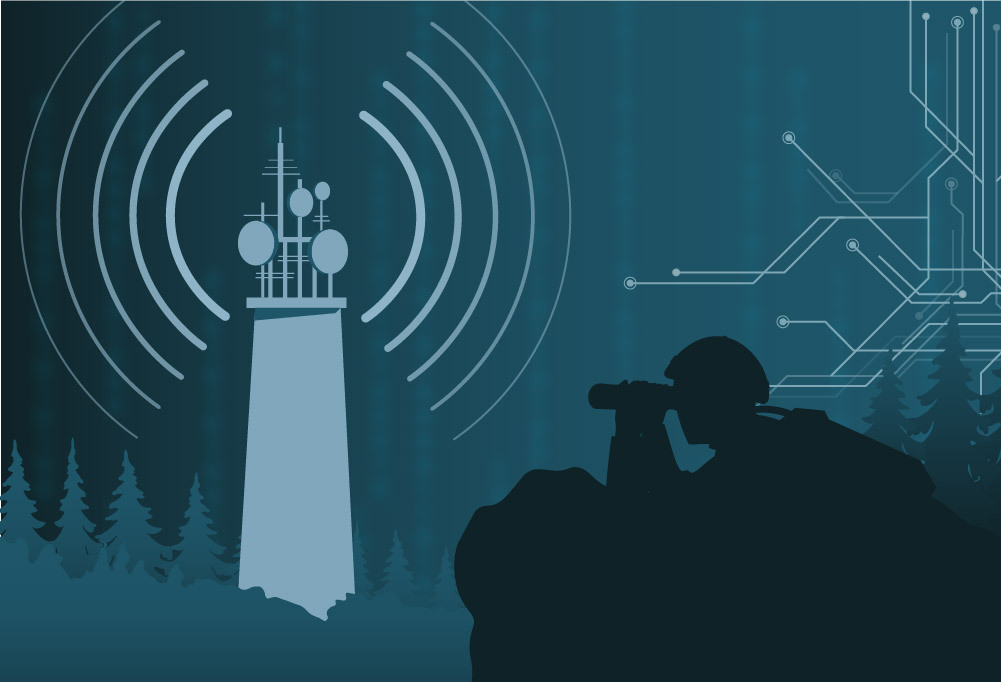 Grafiikassa tiedustelija, joka kiikaroi kohti radiosignaalimastoa.