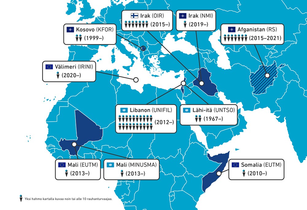 Karttakuva esittelee maita, joissa Suomella rauhanturvaajia.