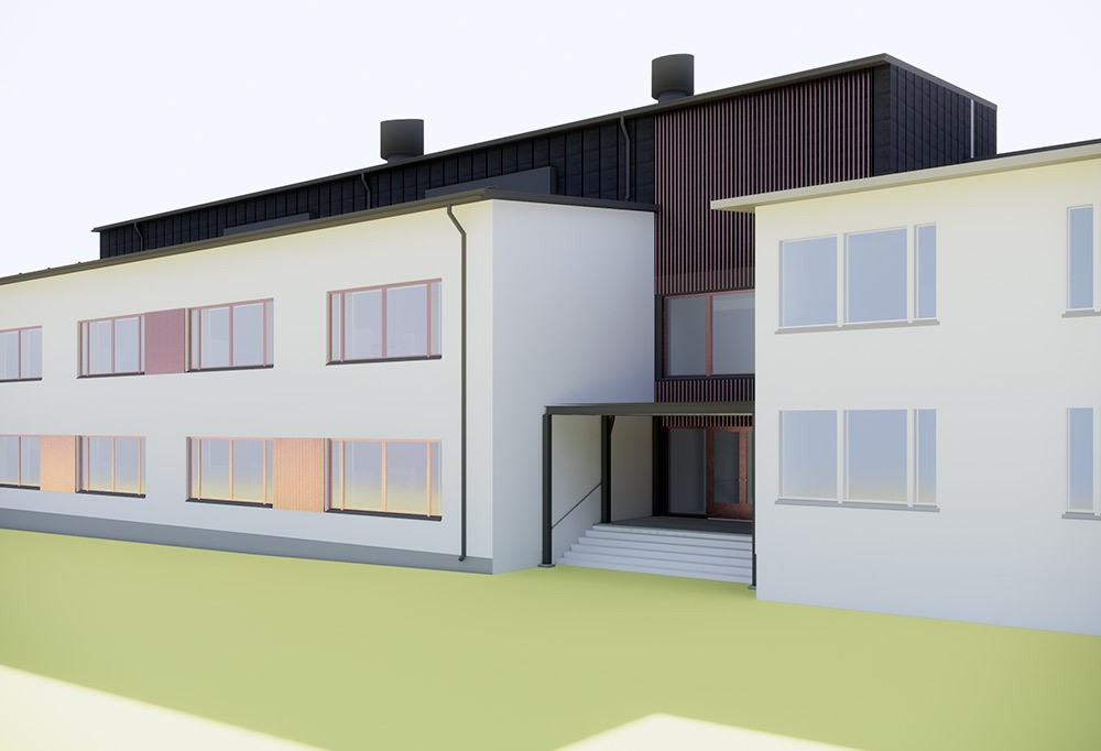 Havainnekuva valkoisesta rakennuksesta.