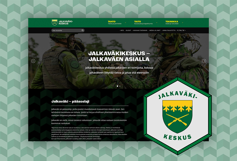 Kuvassa on Jalkaväkikeskuksen logo ja kuvakaappaus uusilta internetsivuilta.