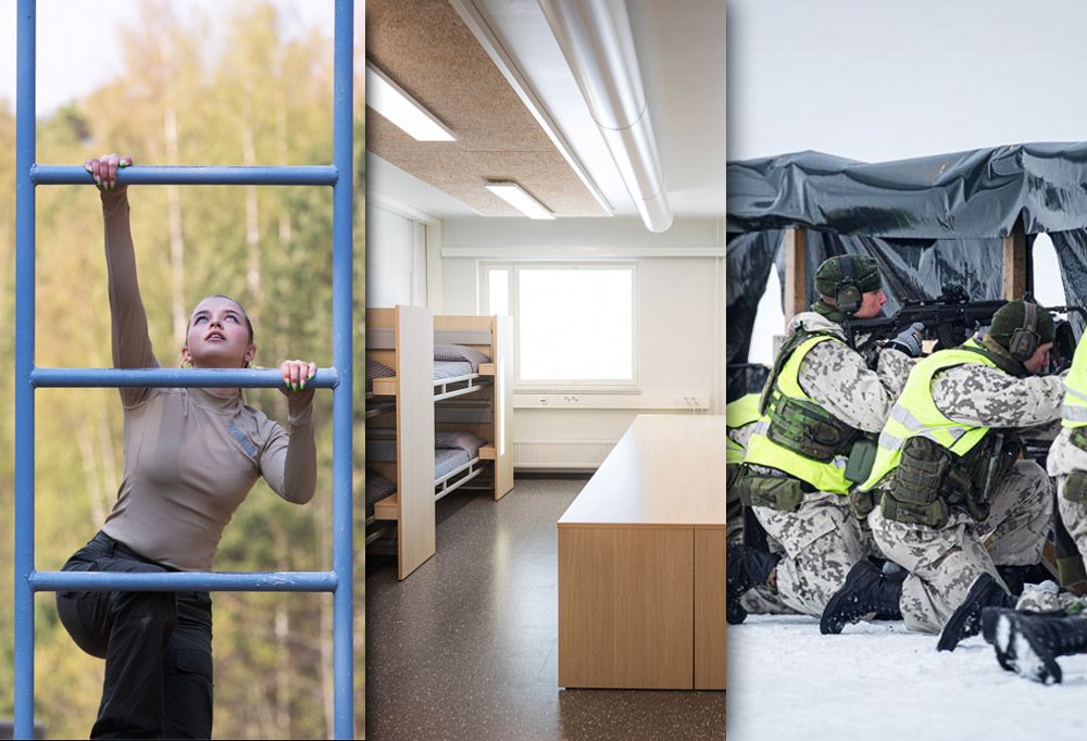 Kolmen kuvan kollaasi, Joalin Loukamaa, kasarmi ja taistelijoita.